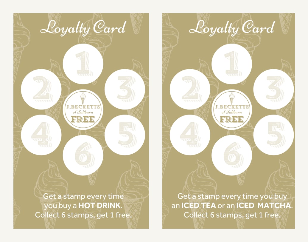 J.Becketts of Saltburn Hot Drink and Iced Drink loyalty cards, each with six stamp spaces and a free reward in the middle